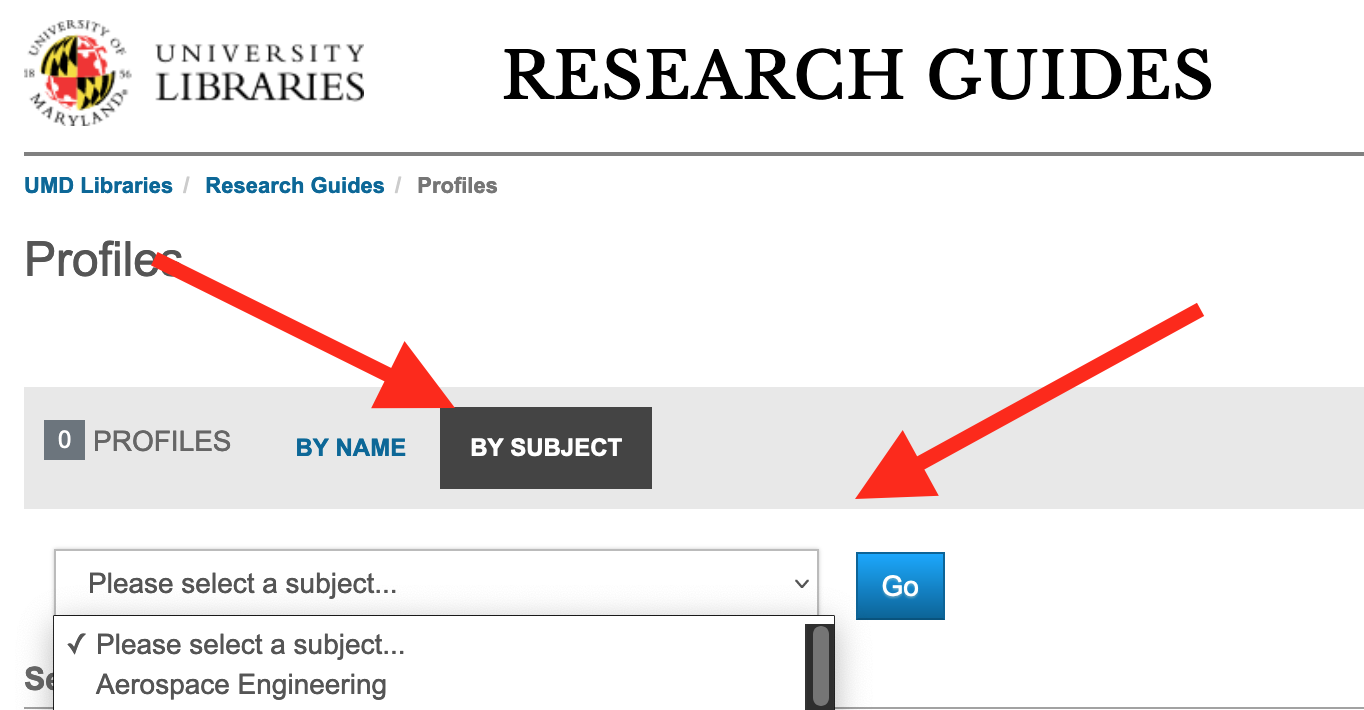 Arrows demonstrating location of subject librarian subject-term dropdown menu