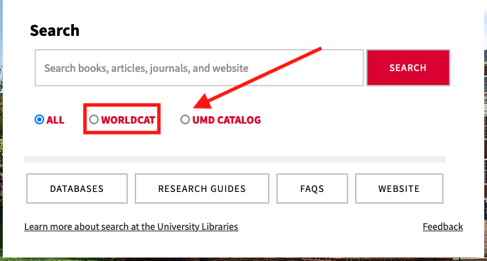 Arrow pointing to WorldCatUMD option in search box